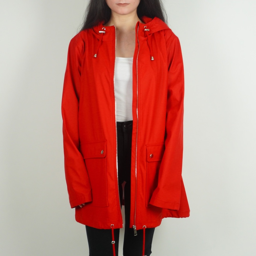 Red Long Zip Up Rain Jacket